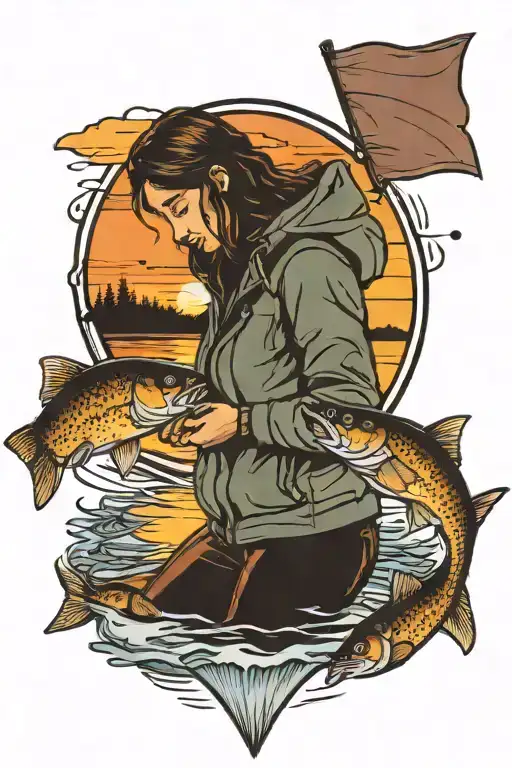 women ice fishing sunset in background in fishing lure tattoo design idea