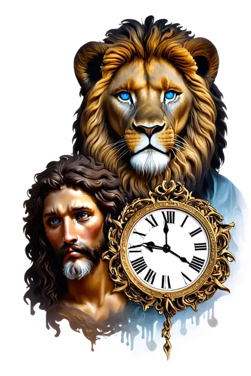 integration of three designs. lion with blue eyes, jesus and clock. tattoo design idea