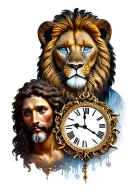 integration of three designs. lion with blue eyes, jesus and clock. tattoo design idea