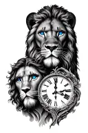 integration of three designs. lion with blue eyes, jesus and clock. tattoo design idea