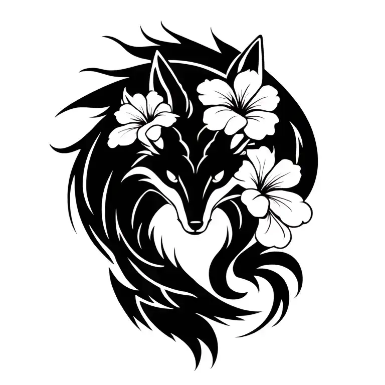 nine tailed fox with hibiscus flowers tattoo design idea