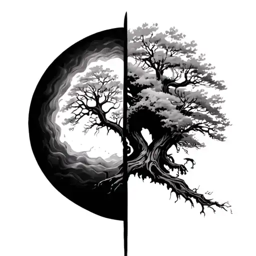 hald dead half alive tree tattoo design idea