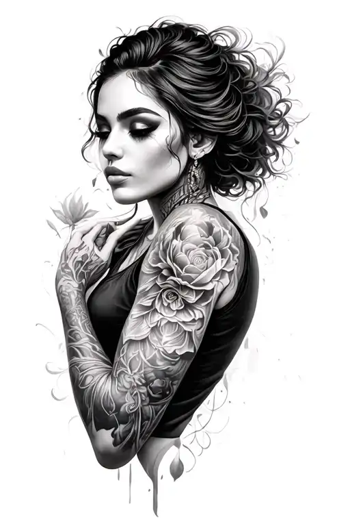Style: Black and grey, realism with illustrative elements.Placement: 3/4 sleeve on the left arm.Flow: Natural flow fro tattoo design idea