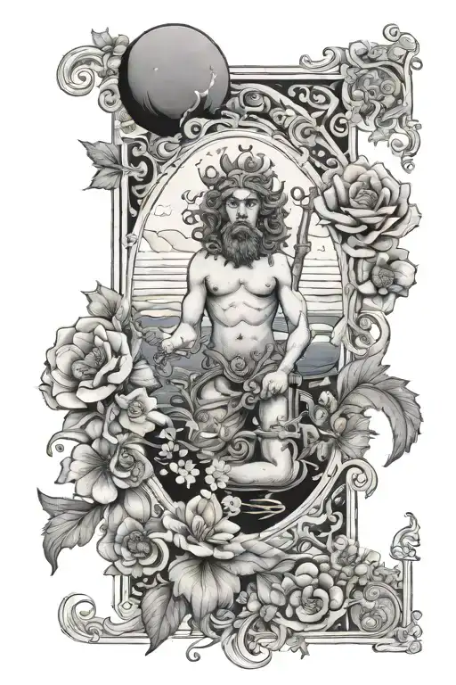 tarot card with neptune planet and small flowers on it the le sentence "neptune's flowers" on it tattoo design idea