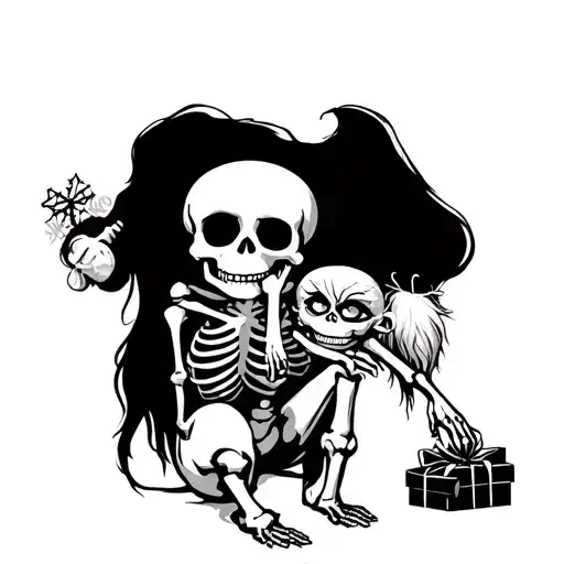 Cute cartoon skeleton sitting and leaning her head on the right hand. and the grinch is stealing presents tattoo design idea