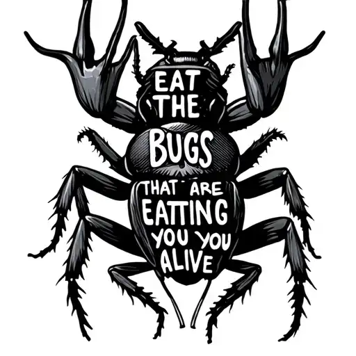 a forearm tattoo that says "eat the bugs that are eating you alive" in a typewriter font with a stag beetle below it tattoo design idea