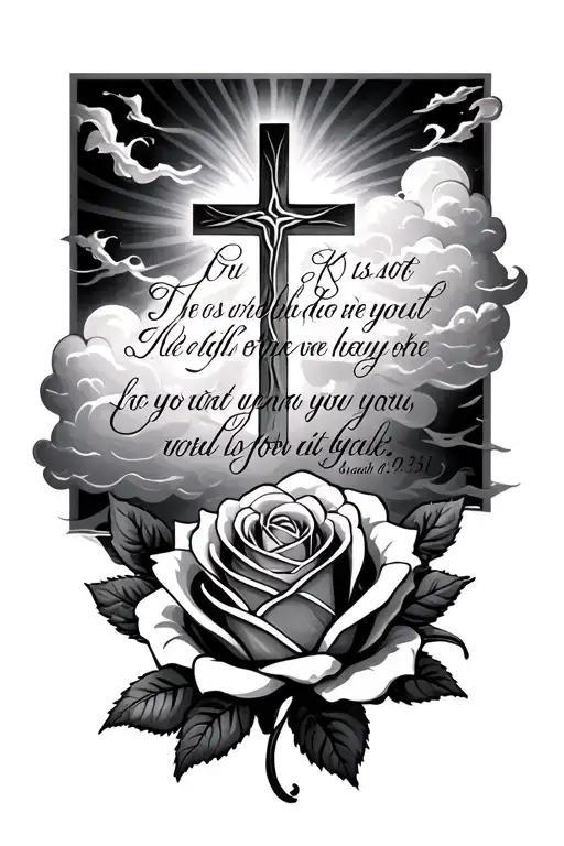 clouds, cross, rose, Isaiah 40:31 bible verse written tattoo design idea