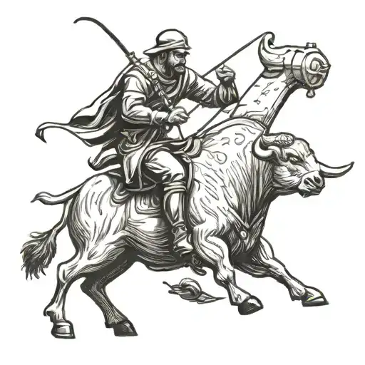 minimalist micro realism tattoo. include something with a matador fighting a bull. use thin lines tattoo design idea