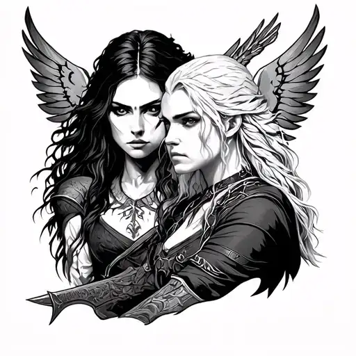 the Witcher 3 Geralt , Yennefer , Ciri , Witcher Signs , Aerondight for full sleeve right arm tattoo tattoo design idea