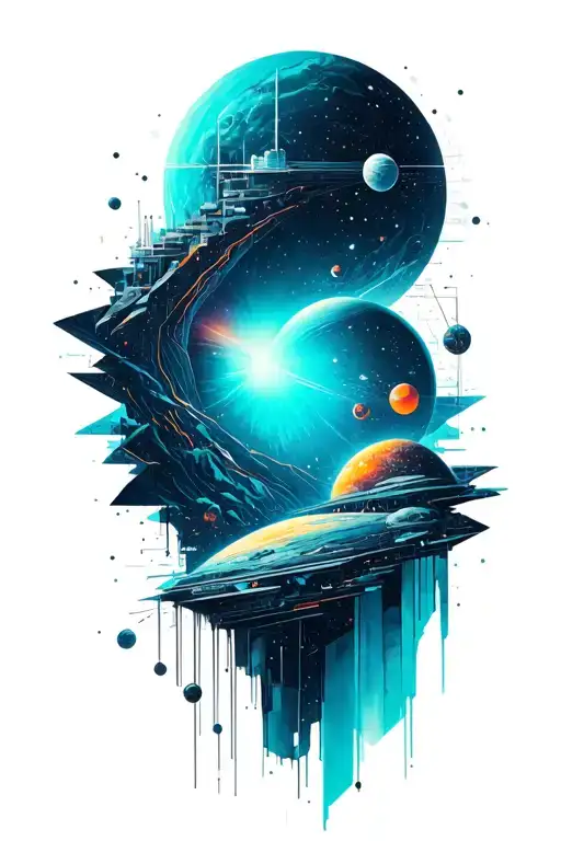 A geometric space landscape inspired by technology incorporating a small amount of cyan tattoo design idea