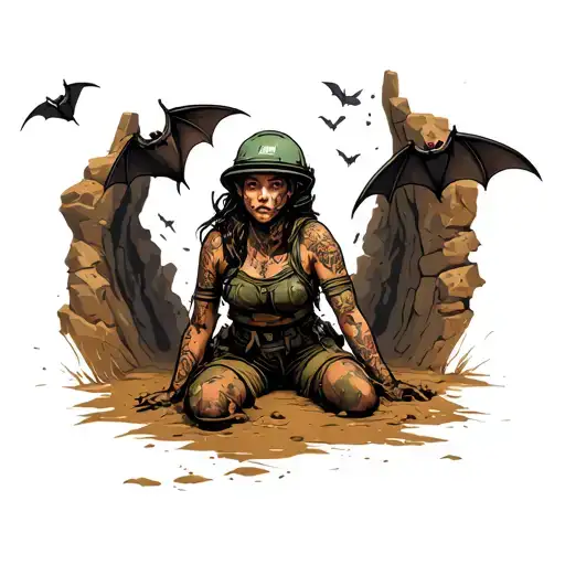 a woman dressed in caving gear partially covered in mud after falling under flying bats inside a cave tattoo design idea