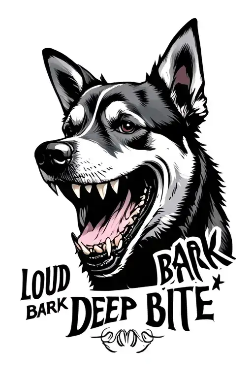 "loud bark deep bite" dog baring teeth tattoo design idea