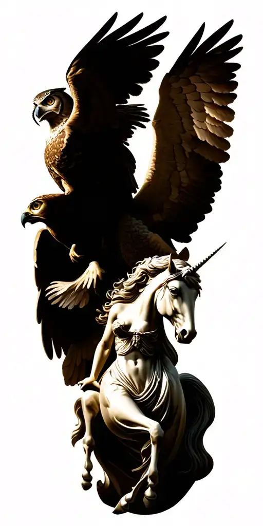 eagle owl flying above a renaissance angel statue with a mermaid beneath next to a galloping unicorn tattoo design idea