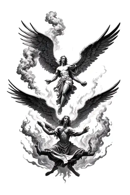angels fighting demons in hell with fire and smoke ascending in to heavens gates and gods hands. with faith over fear tattoo design idea