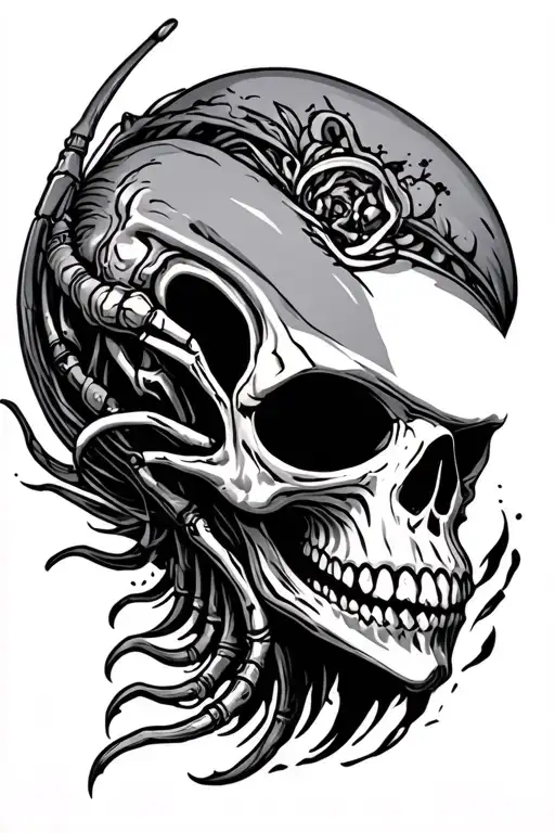 skull and alien tattoo design idea