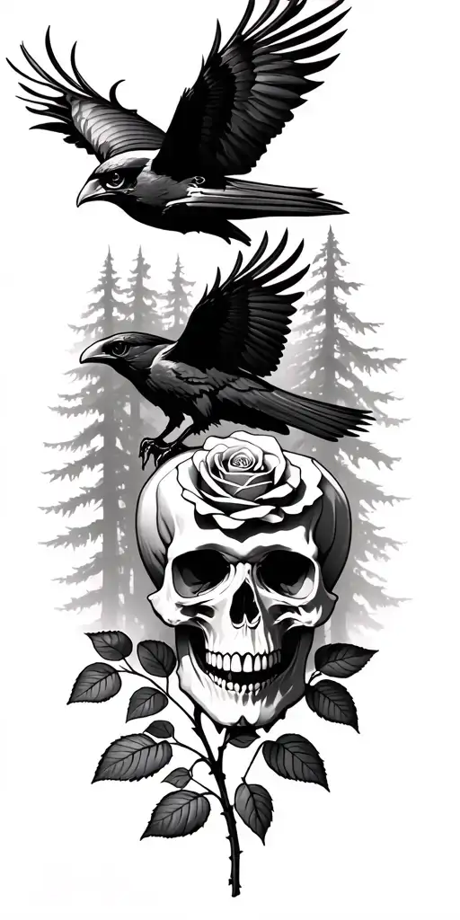 ravens flying, skull, rose with stems, in front of forest  tattoo design idea
