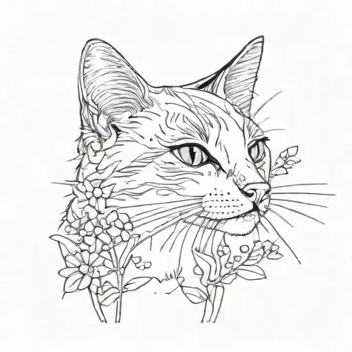 Cat only outline looks up at the forget-me-not flower as if she misses someone tattoo design idea