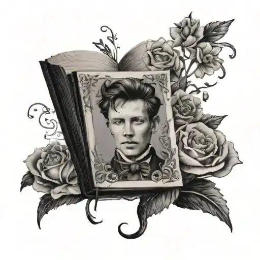 a book with Arthur Rimbaud and flowers growing tattoo design idea