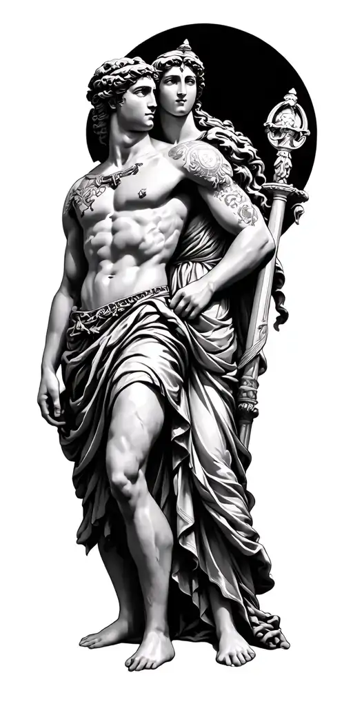 Roman theme with: Mars god of war, Venus godess, two pillars, alea iacta est tattoo design idea