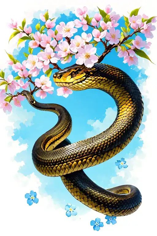 Cherry blossom tree, with forget-me-nots in it and a snake wrapped around it as the branch tattoo design idea