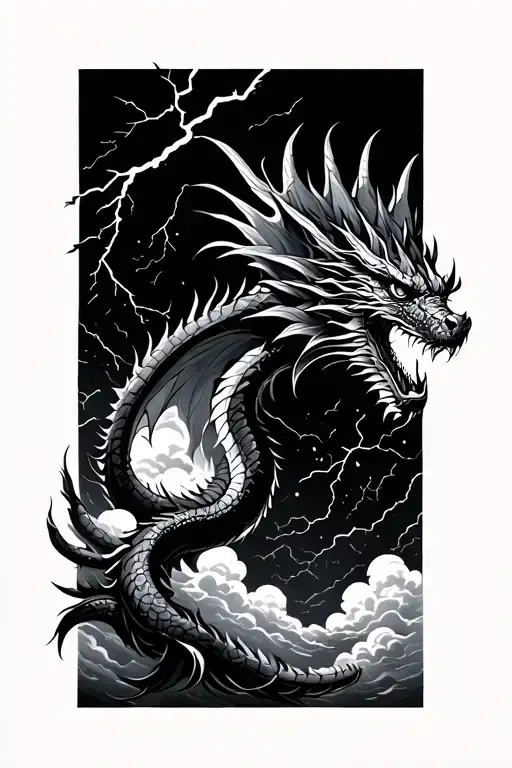 Minimalist blackwork dragon tattoo, solid black flying in sky with clouds and lightening in the background tattoo design idea