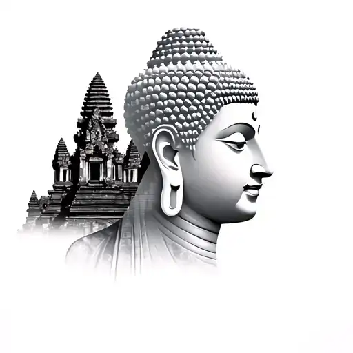 double exposure tattoo of angkor wat and buddha's head tattoo design idea