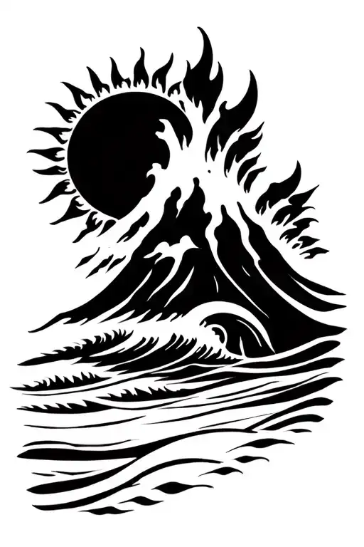 volcano, sun, sea waves tattoo design idea