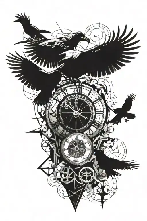 geometric and crows and broken clock tattoo design idea