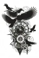 geometric and crows and broken clock tattoo design idea