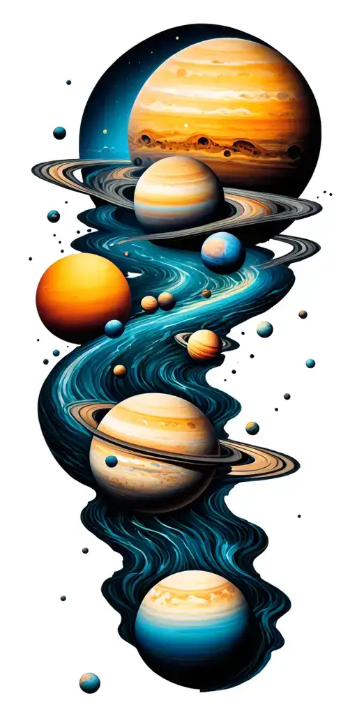a universe with alot of planets flowing down, the planets are inside the river tattoo design idea