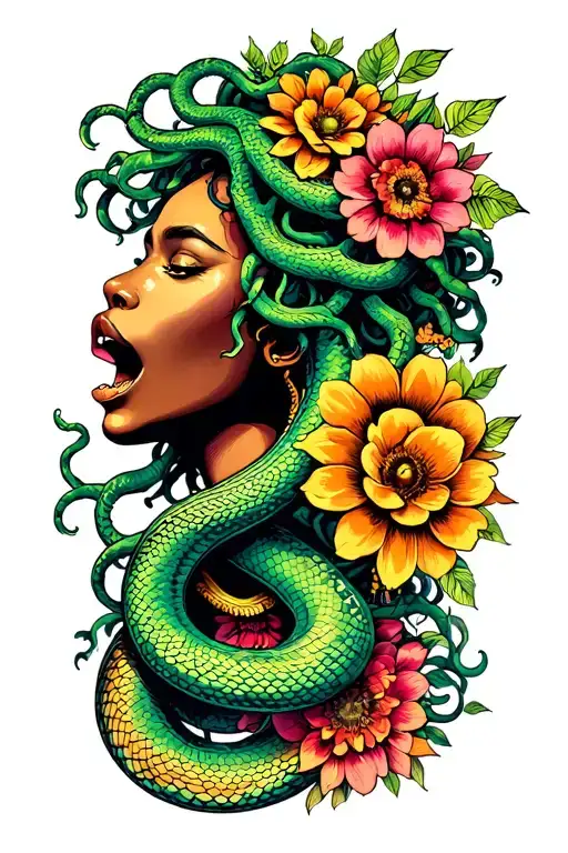 african American medusa with flowers and snake coming out of mouth tattoo design idea