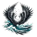 WINGS ROOTS FALMES AND SEA WAVES tattoo design idea