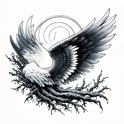 WINGS ROOTS FALMES AND SEA WAVES tattoo design idea