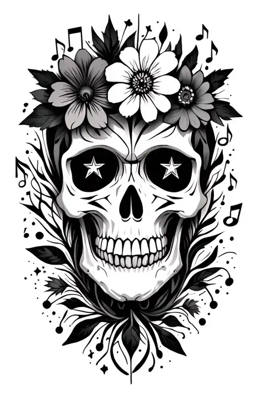 skull different types of flowers stars music notes intertwined tribal patterns  tattoo design idea