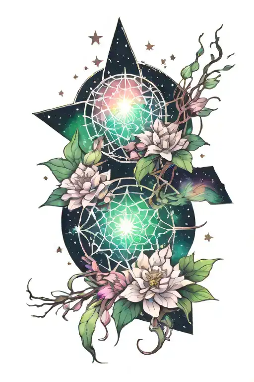 Cataleya Flower, North star filled sky, northern lights background tattoo design idea