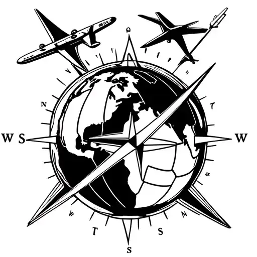 earth globe designed like a volleyball with a compass rose intertwined and a small plane flying across the compass tattoo design idea