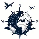 earth globe designed like a volleyball with a compass rose intertwined and a small plane flying across the compass tattoo design idea