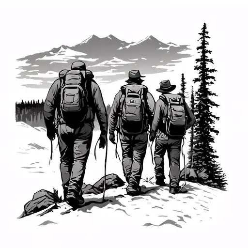 yellowstone grand canion with three men hiking tattoo design idea