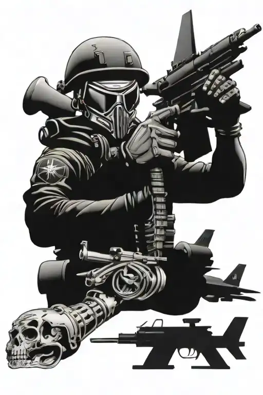 dutch militairy man holding a colt c8, an armoured vehicle, flying drone and f16 fighter jet, bullets, skulls, maori tattoo design idea