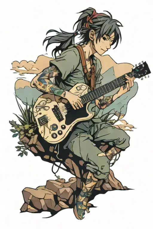 A neotraditional style tattoo of an anime character playing a guitar in a scenic hiking landscape tattoo design idea