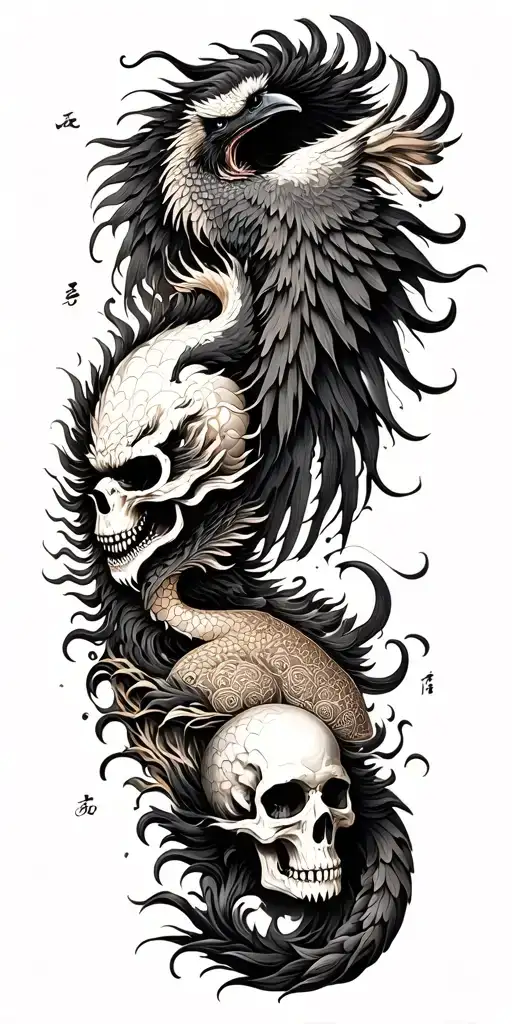 Chinese dragon and phoenix and skull and moon and raven tattoo design idea