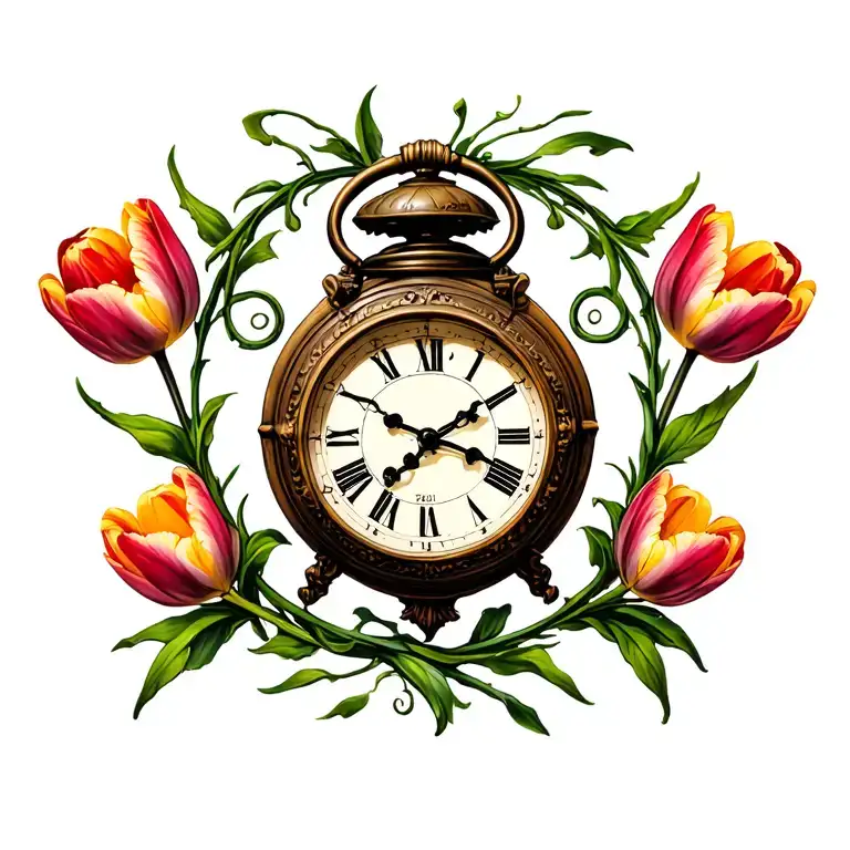 old ben clock with maybe some slight cracking and withering covered in kilts and tulips while kind of being wrapped vine tattoo design idea