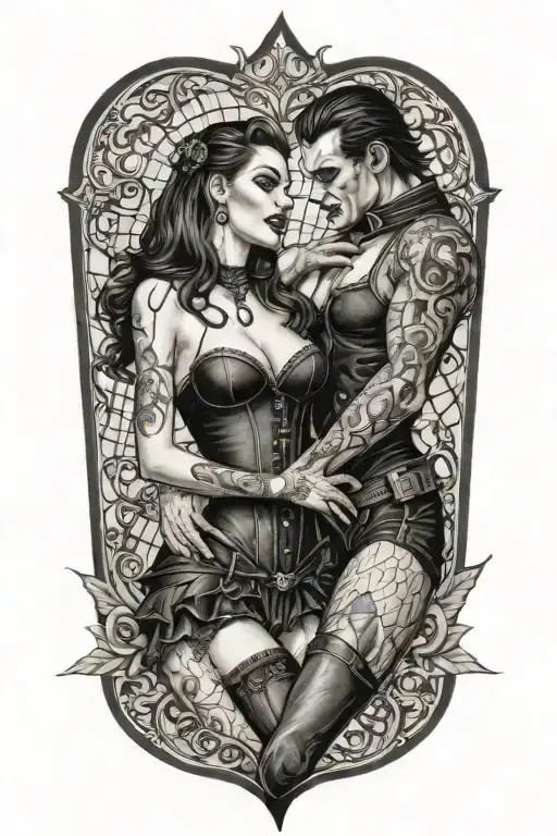 realistic scene of a gothic pinup girl in a corset and fishnets being bitten by a male vampire tattoo design idea