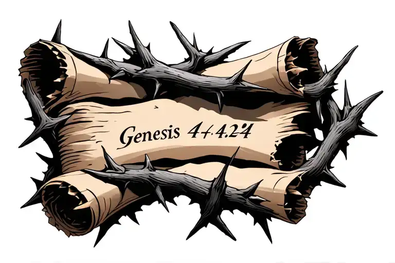 small thorns wrapping around a torn scroll that says "Genesis 4:24 tattoo design idea