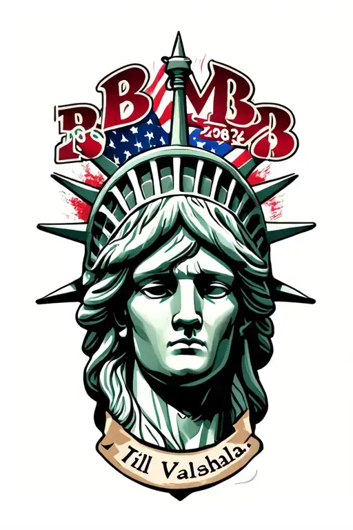 "BMB 1988-2022. Till Valhalla " statue of liberty face with American flag intertwined tattoo design idea