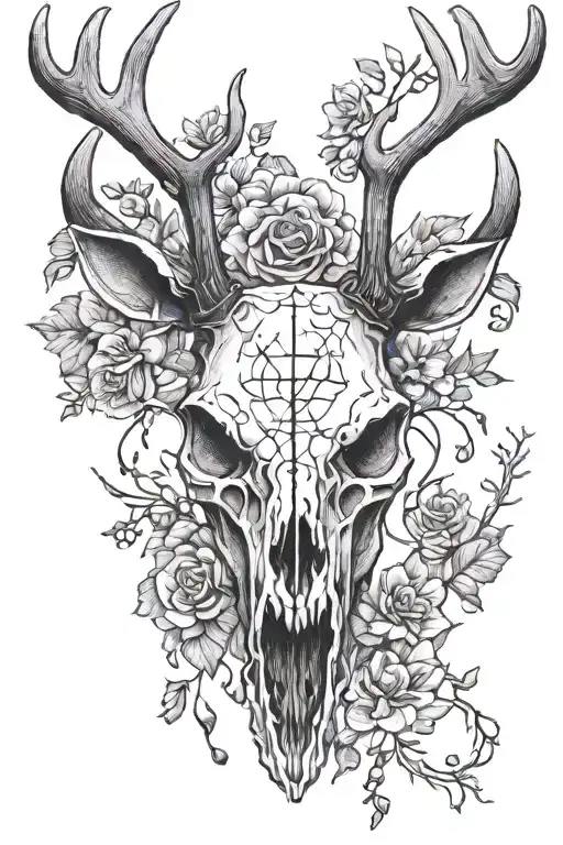 Deer skull with antlers tattoo design idea