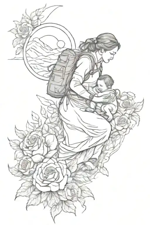 full sleeve tattoo of a mother & baby boy climbing Mount Everest in the distance, surrounded by roses and a rising sun. tattoo design idea