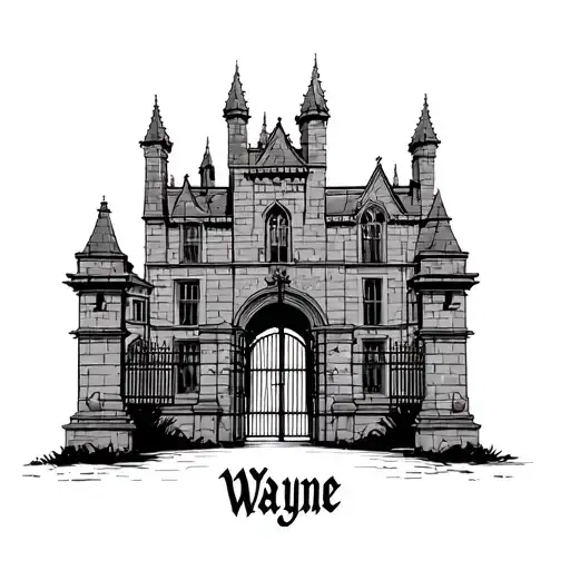 Wayne manor with a gate out front that says Wayne  tattoo design idea