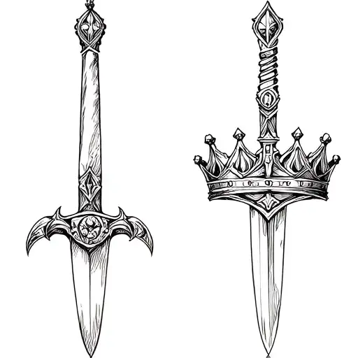 Generate tattoos for a couple, two swords one with the Kralov crown second for a queen with a crown for a woman both in Gothic tattoo design idea