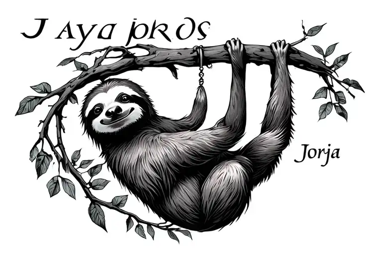 name Jorja with a sloth hanging from the J tattoo design idea
